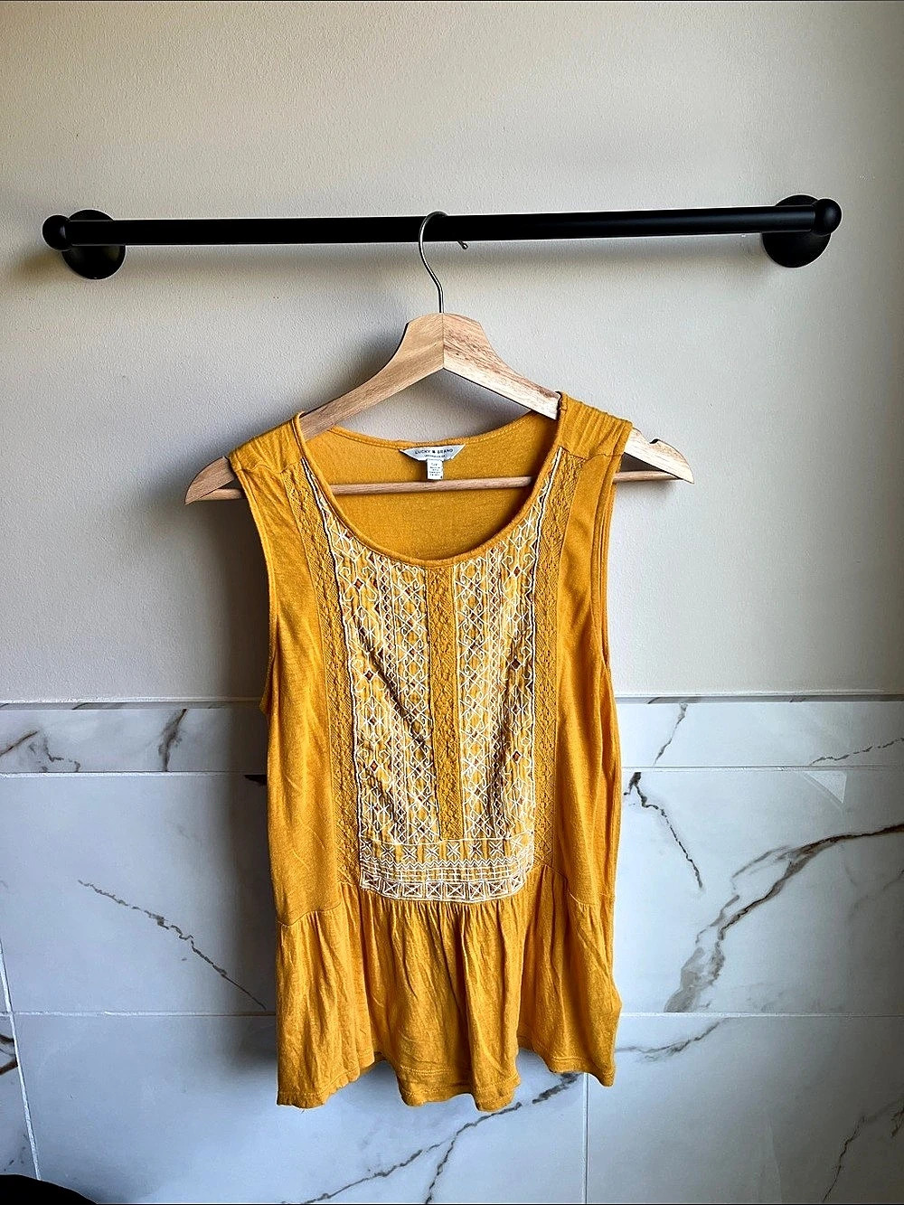 Lucky Brand Embroidered Peplum Top Tunic Yellow Small